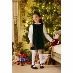 Trotters London Green Emerald Velvet Pinafore
