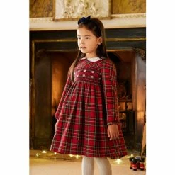Trotters London Red Charlotte Smocked Long-Sleeve Dress