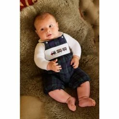Trotters London Little Blue Smocked Tartan Train Dungaree
